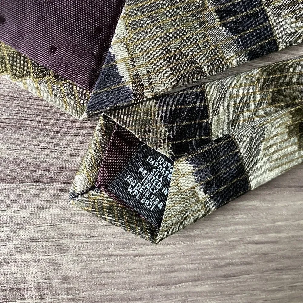 J. Ferrar Men's Necktie Silk Green Olive Artsy Abstract Satin Made in USA 56 x 4